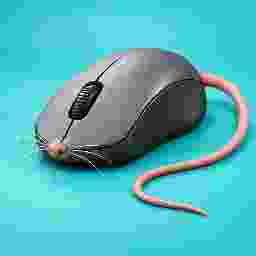 Gray computer mouse with a pink tail
